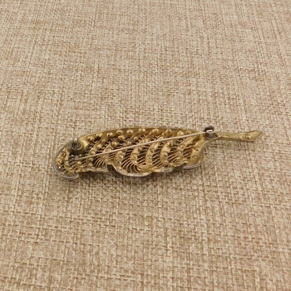Crystal C-clasp Feather Leaf Pin Brooch VTG Cast Metal Multi Color Antique - Picture 5 of 6